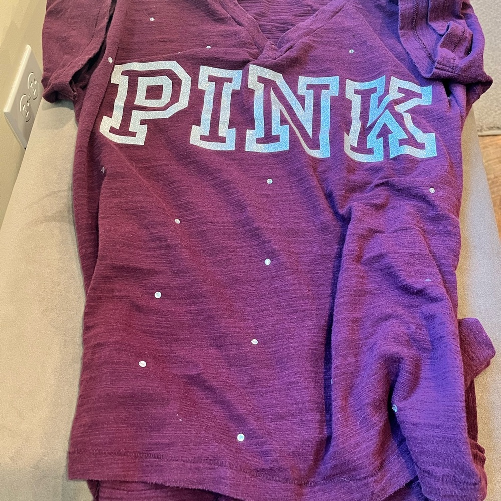 PINK Victoria's Secret Burgundy Tee with Silver Rhinestone Accents - Picture 3 of 6